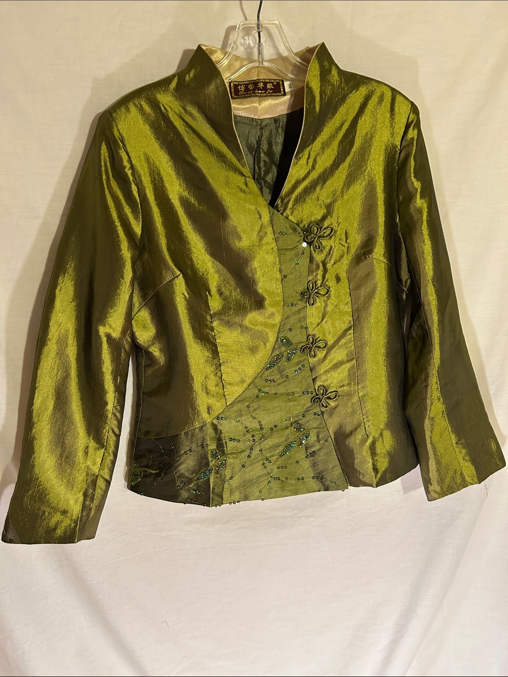 Women’s Olive Green Tangzhuang suit jacket, w/Iridescent sequins from Hong Kong